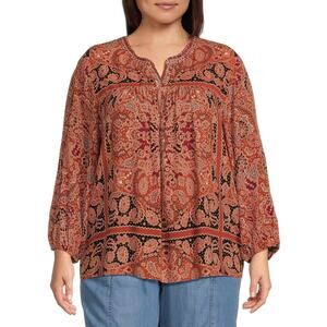 Nurture’s by Westbound Spice Scarf Print Boho 3/4 Sleeve V-Neck Top Plus Size 1X